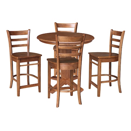 International Concepts 36 in. Solid Wood Round Top Pedestal Dining Table with 4 Counter Height Stools in Distressed Oak K42-36RT-23B-S6172-4